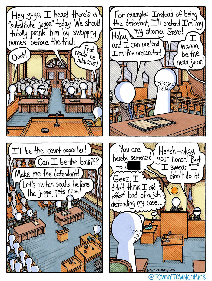 A comic depicting ridiculous everyday life in the US Midwest, showing characters in a courtroom setting.