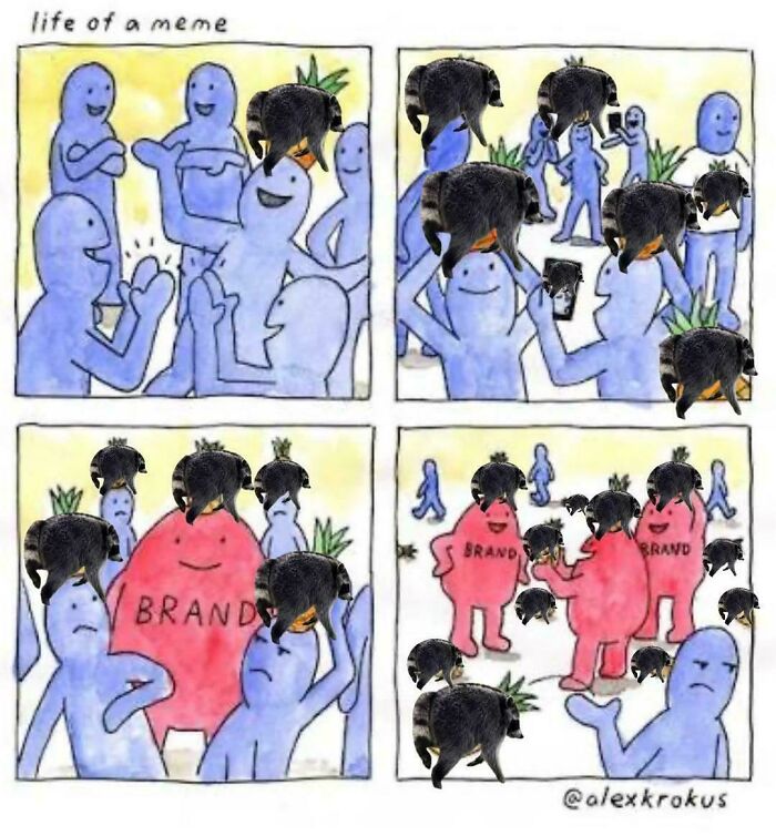 A comic strip about the 'life of a meme' showing how brands capitalize on trends, reflecting consumerism.