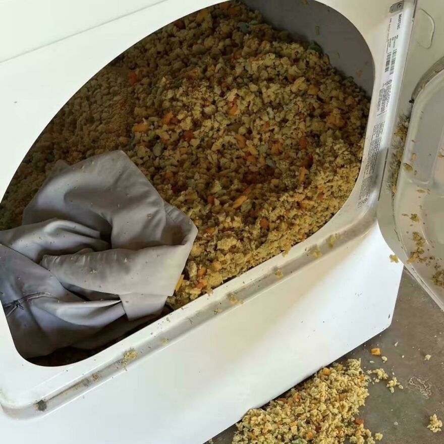 An expensive mistake: a washing machine overflowing with what appears to be shredded foam or stuffing.