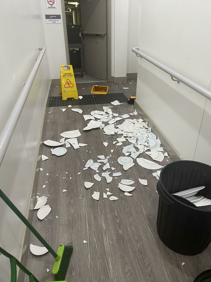 Hoy en el trabajo, un compañero destrozó un carrito lleno de platos necesarios para un evento.
