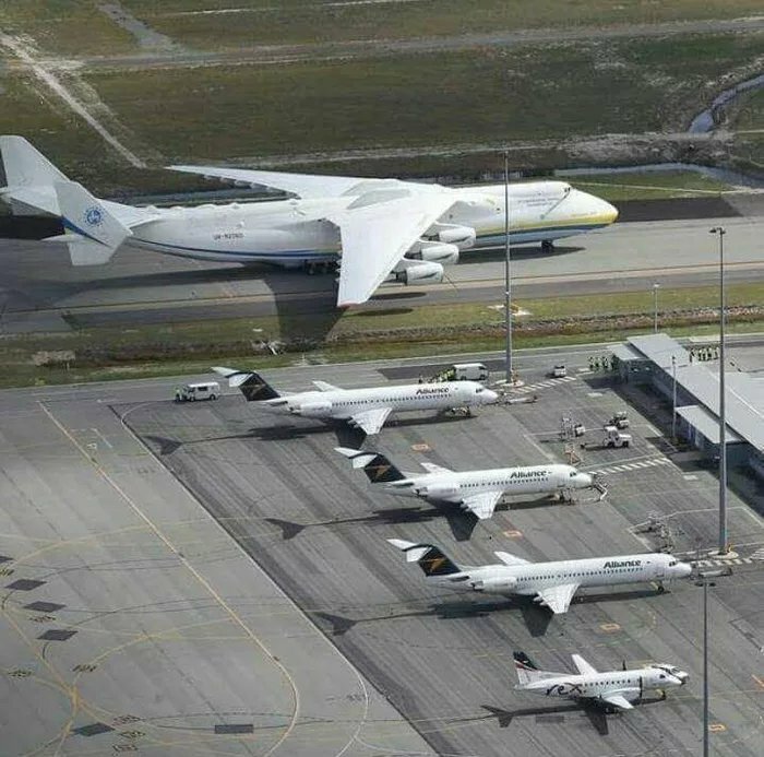A massive cargo plane on an airfield with smaller passenger planes lined up, illustrating the true scale comparison of aircraft.