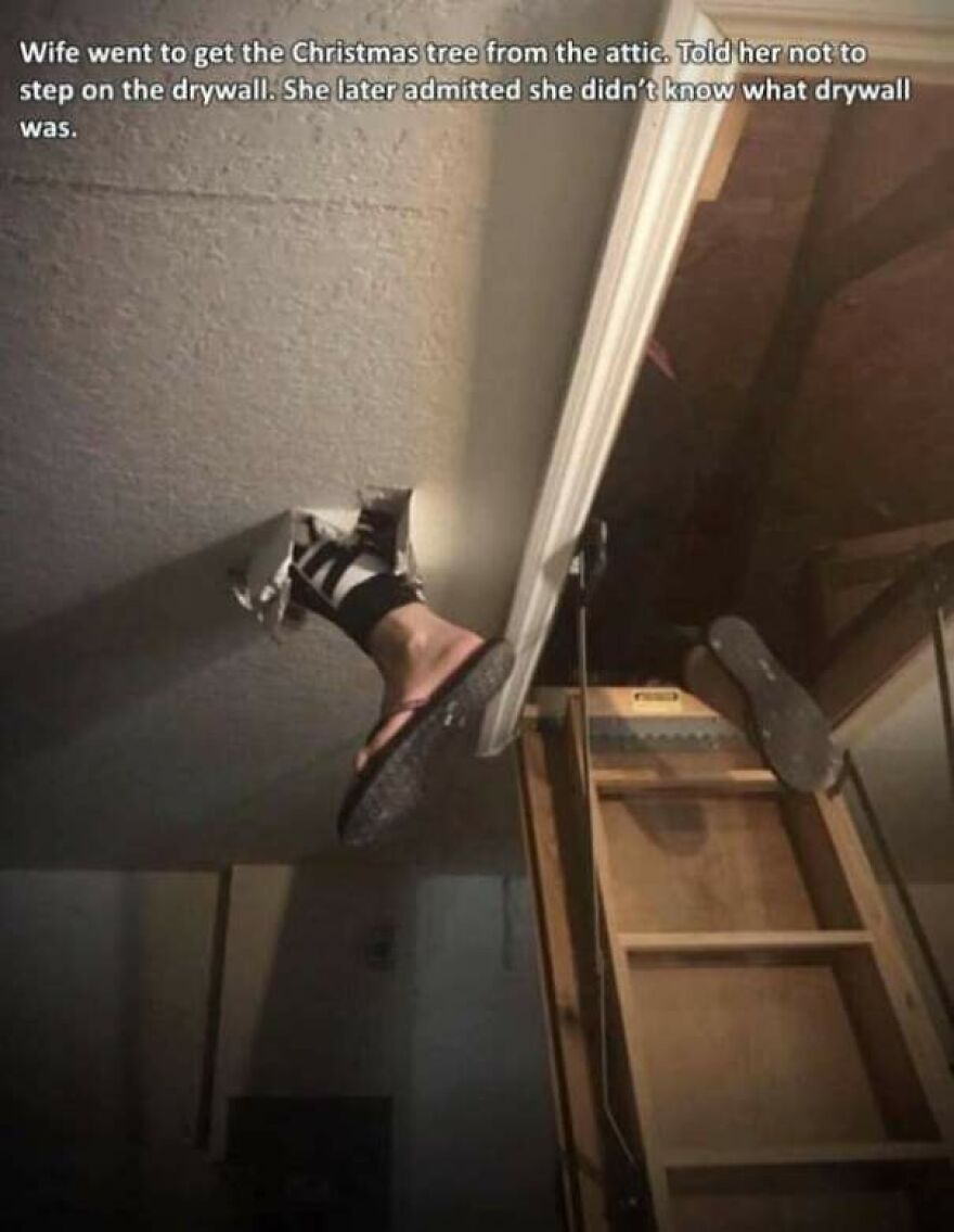 A person's leg hanging through a broken ceiling, an expensive mistake that resulted in an unexpected fall.