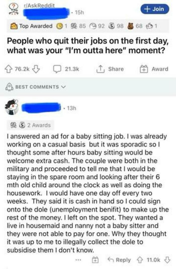 A Reddit post discussing quitting a babysitting job due to entitled parents and their delusional expectations of free labor.
