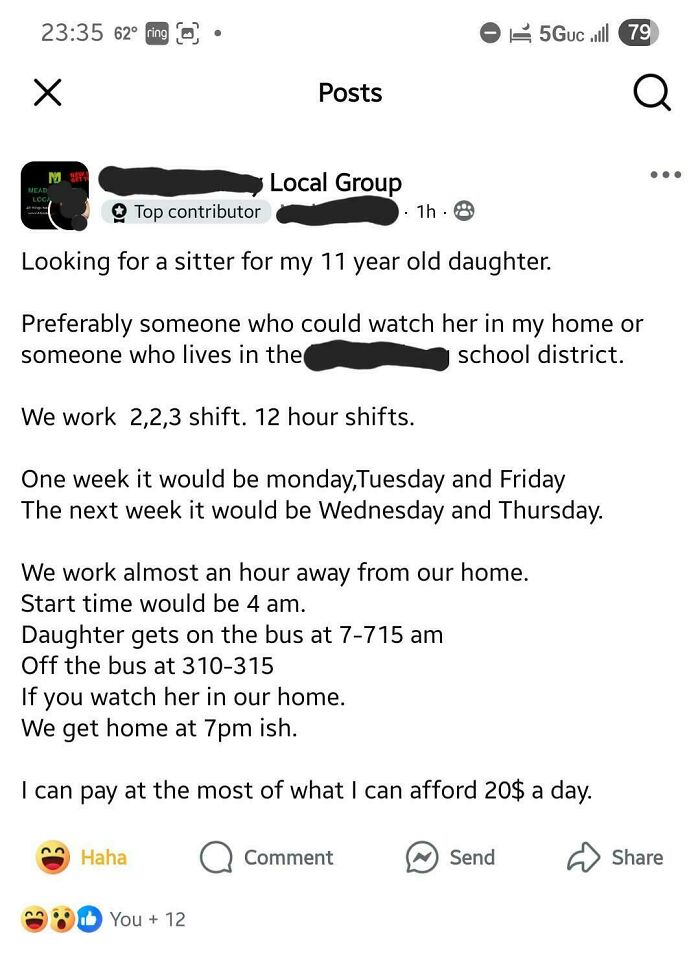 A social media post from entitled parents looking for a babysitter for their kids, offering only $20 a day for long hours.