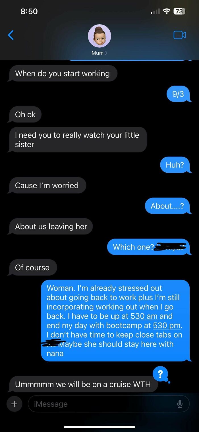 Text messages from entitled parents expecting family to babysit their kids, highlighting delusional parent demands.