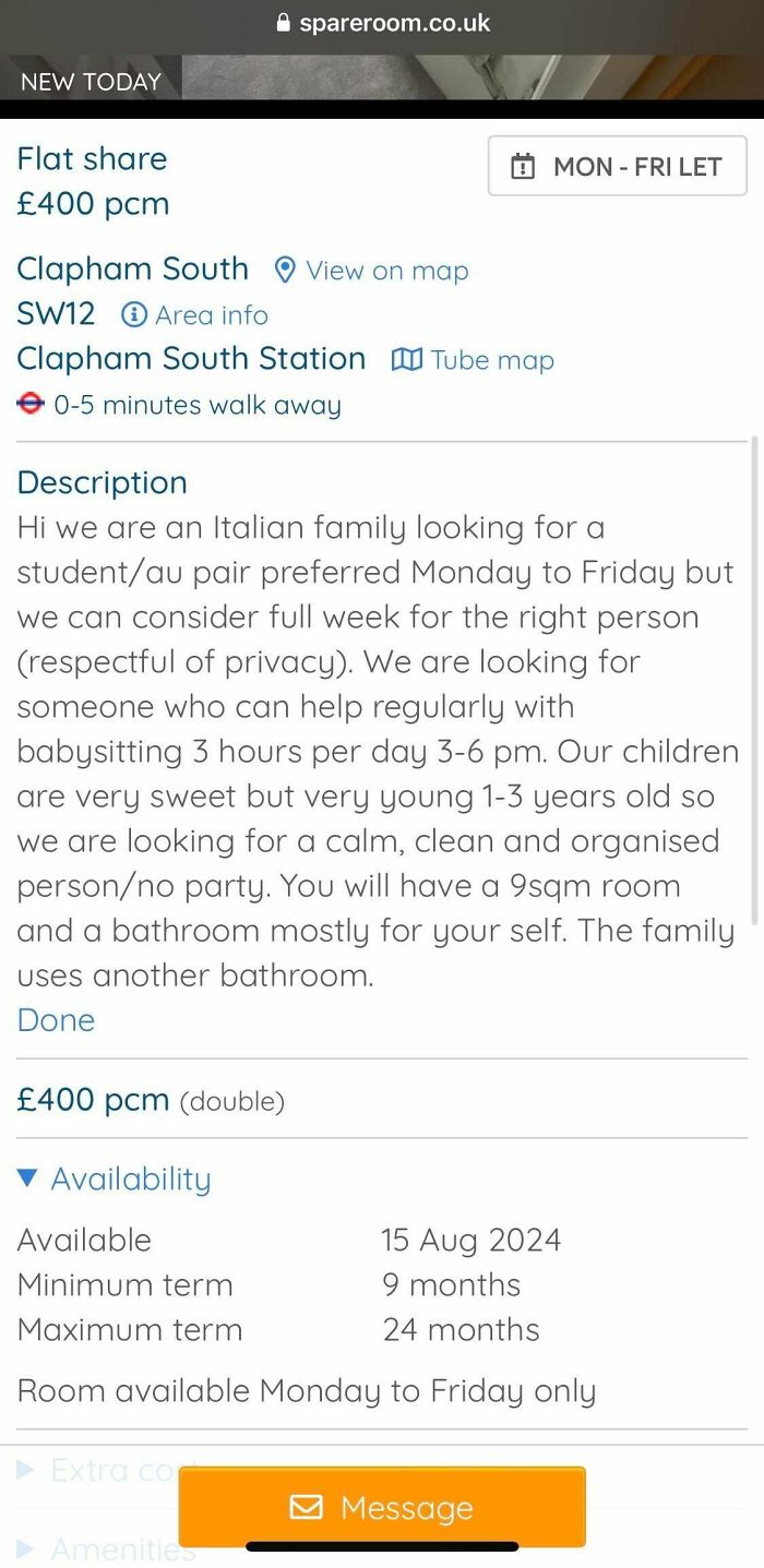A social media post from delusional parents offering a room in exchange for babysitting and childcare, highlighting a low-cost arrangement.