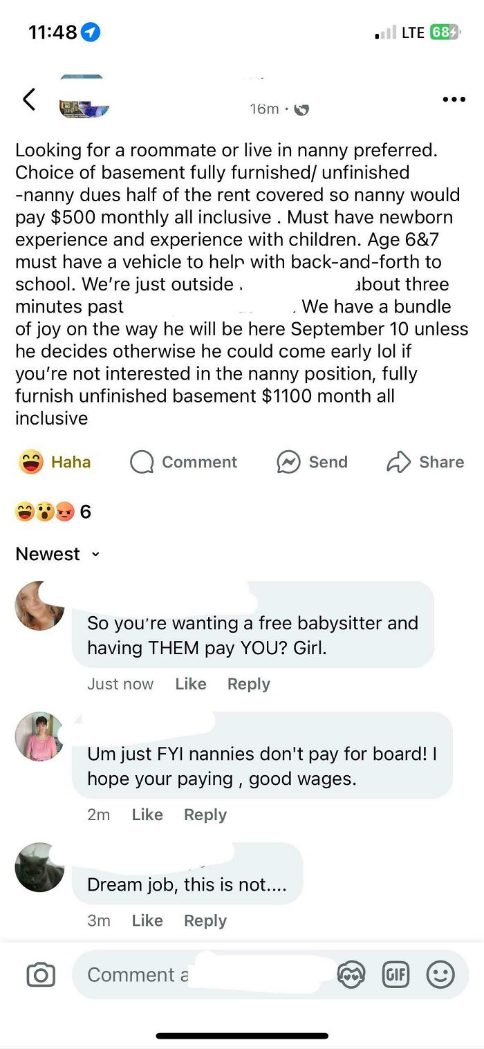 A social media post from entitled parents seeking a nanny to pay rent, not a job, sparking outrage in comments.
