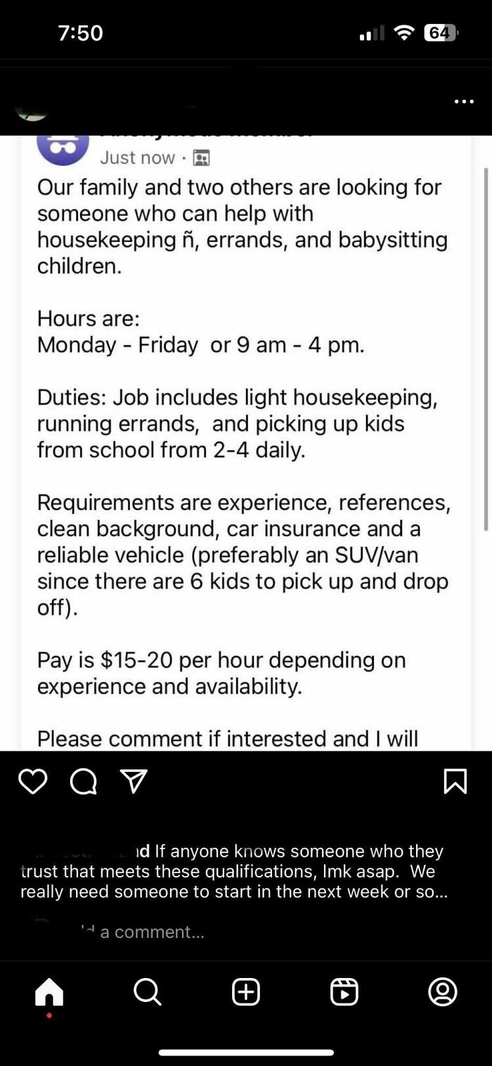 A social media post from entitled parents seeking babysitting help for six kids, with strict requirements and low pay.