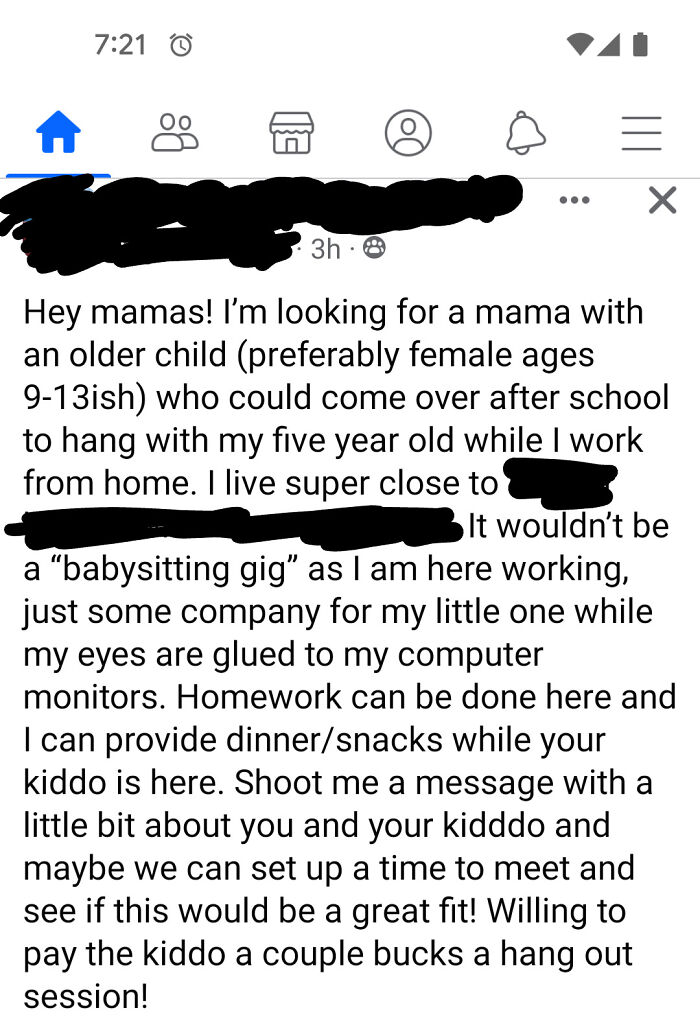 A social media post from delusional parents seeking free babysitting for their kids, offering a couple bucks for a hangout.