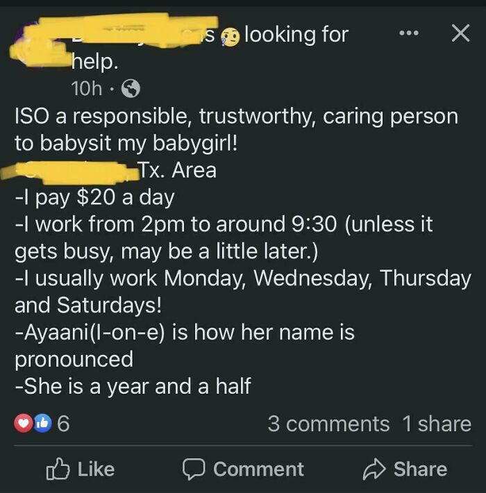 Delusional parent offering $20 a day for babysitting a toddler for long hours and multiple days.