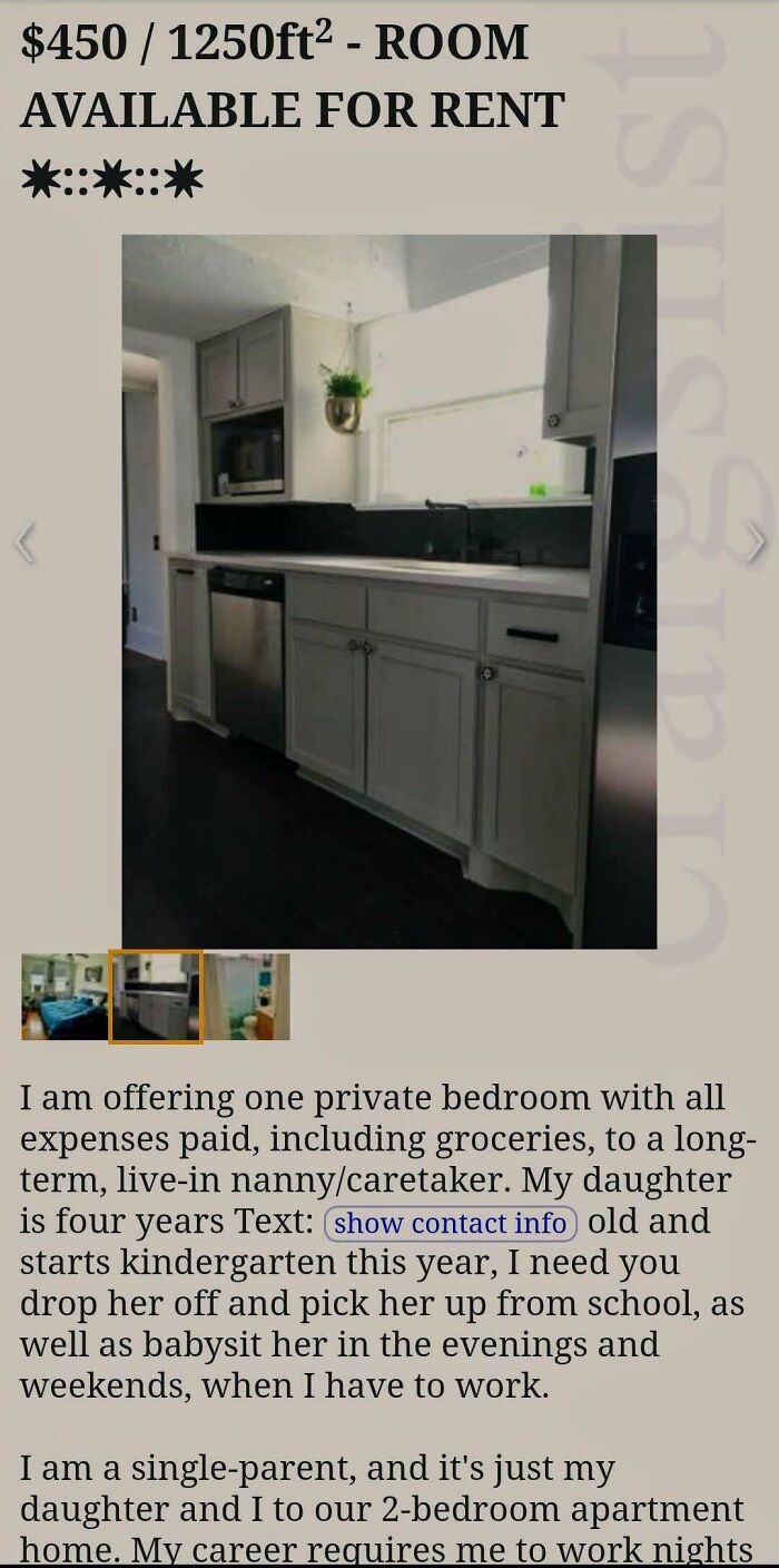 Entitled parents seeking a live-in nanny/caretaker for their kids, offering a room for rent in exchange for childcare.