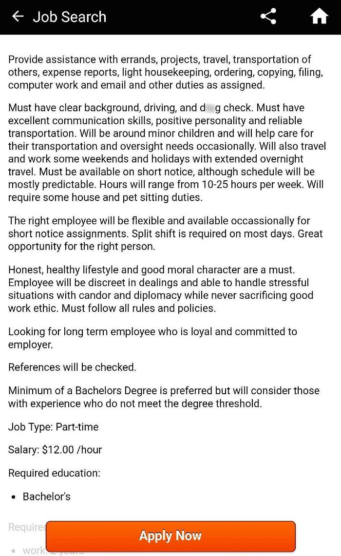 A job search ad for a nanny/caretaker for kids, detailing extensive duties for a low salary, reflecting entitled parents expectations.