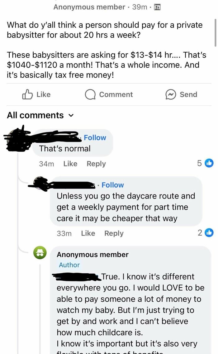 Delusional parents complaining about babysitting costs, thinking it should be cheaper.