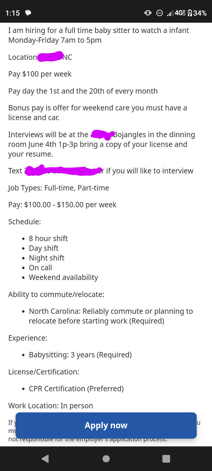 A job posting from delusional parents seeking a full-time babysitter for an infant, with very low weekly pay.