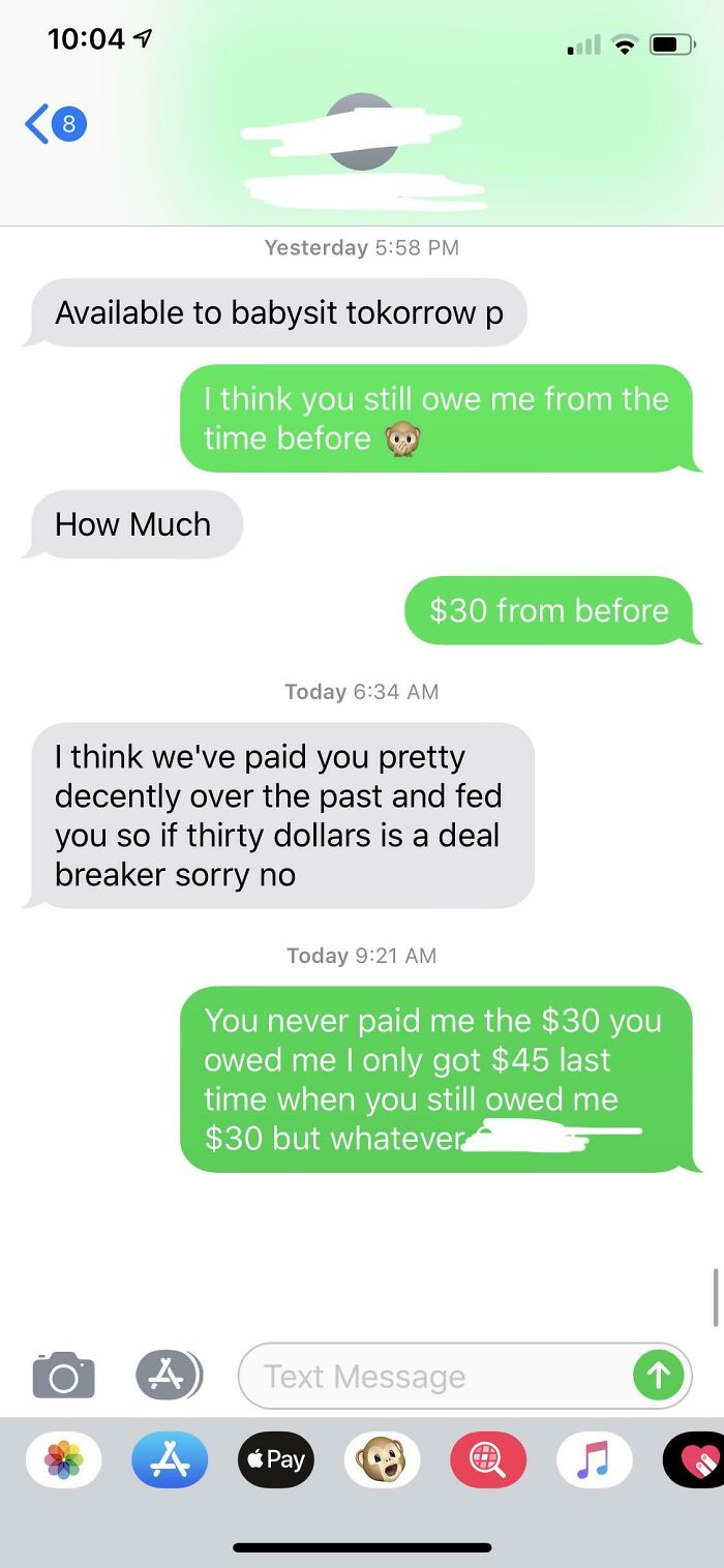 Text messages between entitled parents and a babysitter, where the parents refuse to pay the owed amount.