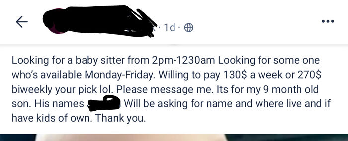 A social media post from entitled parents looking for a babysitter for their 9-month-old son, offering low pay.