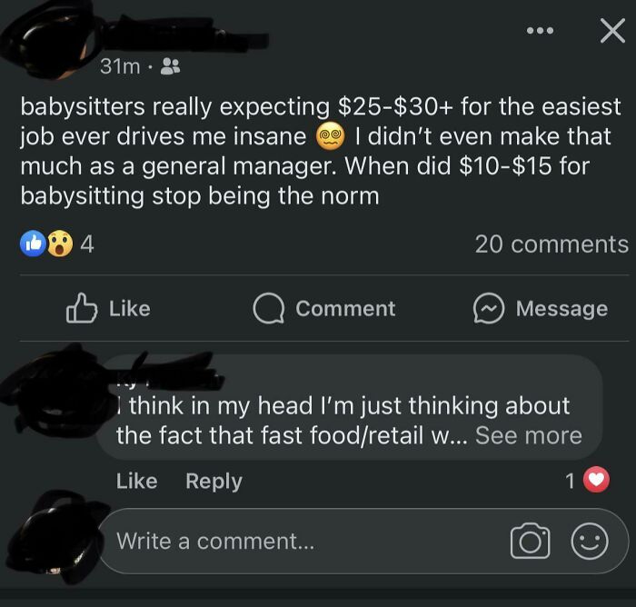 A social media post from delusional parents complaining about standard babysitting rates, highlighting their sense of entitlement.
