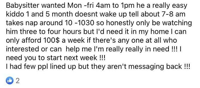 A social media post from entitled parents offering extremely low pay for extensive babysitting hours, revealing their delusional mindset.