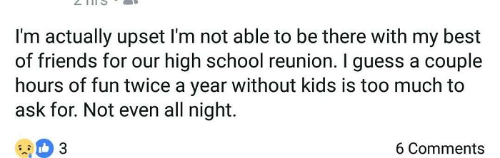 A social media post from a delusional parent complaining about not being able to attend a reunion without kids.