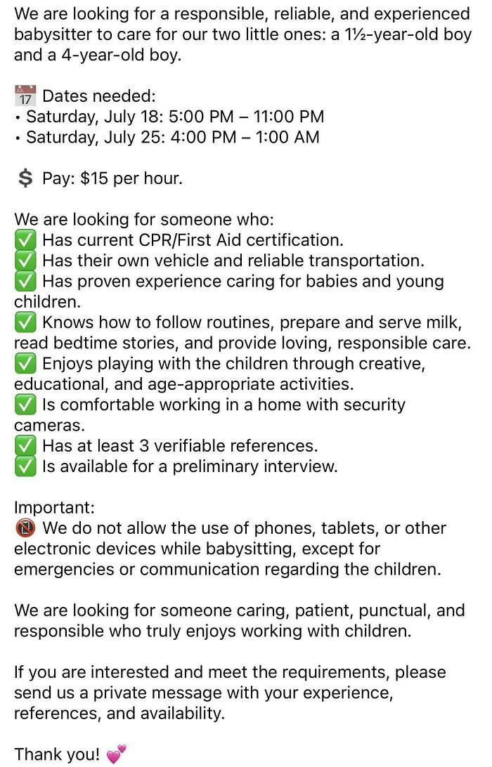 A detailed list of requirements for babysitting services, reflecting the high demands of entitled parents for low pay.