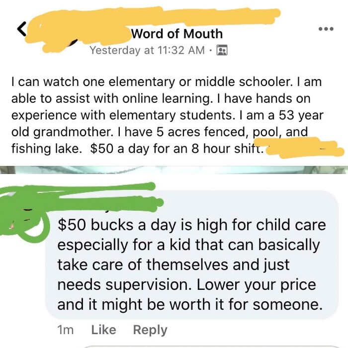 Delusional parents complain about $50 for 8-hour child care, claiming the child can take care of themselves.