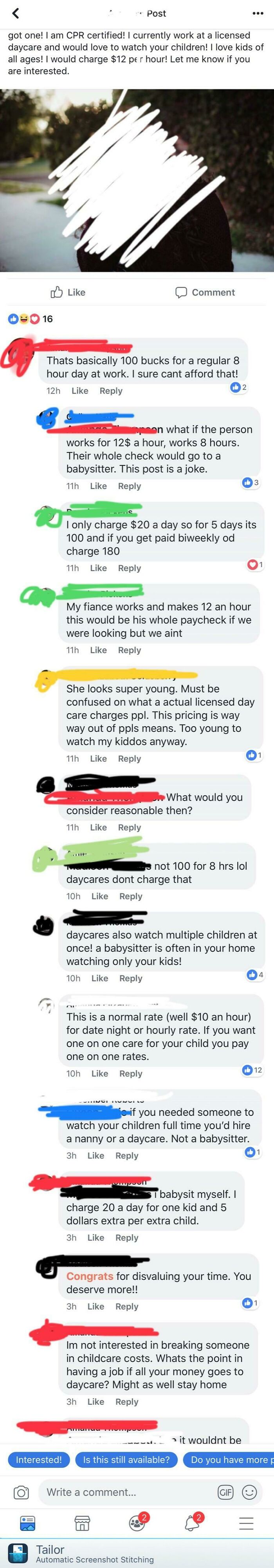 Entitled parents demand cheap babysitting, generating a long thread of comments about unfair pay and privilege.