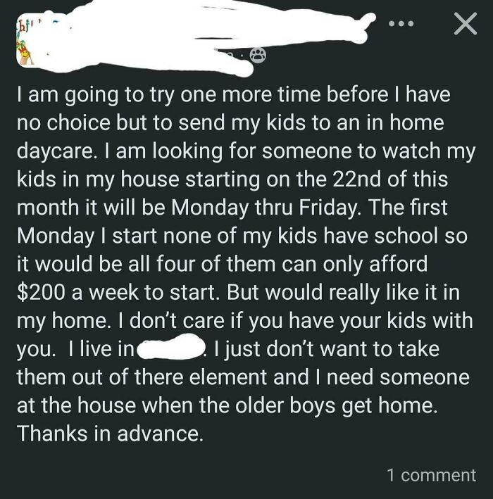 A social media post from entitled parents seeking cheap babysitting for multiple kids, showcasing their delusional expectations.