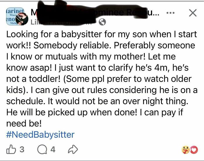 A social media post from entitled parents looking for a babysitter for their 4-month-old son, stating they will pay if needed.