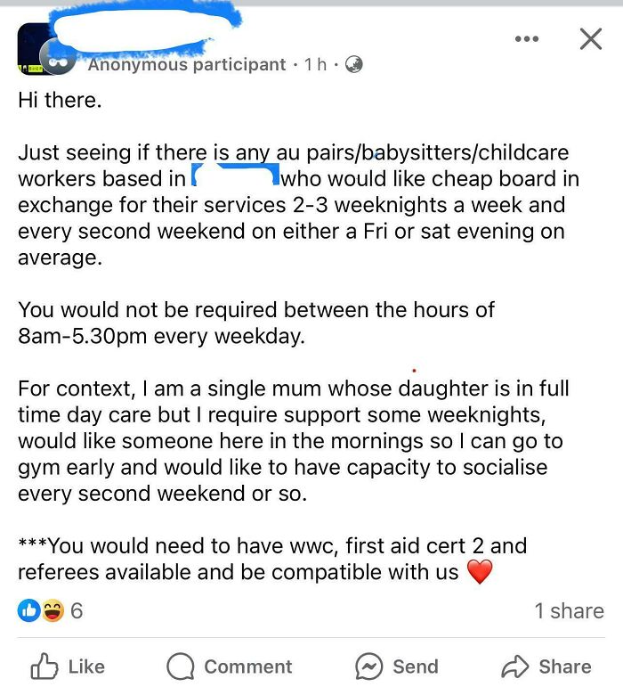 A social media post from entitled parents seeking cheap board for babysitting services.