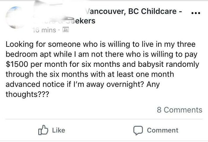 A social media post from entitled parents seeking a live-in babysitter for low pay and random hours.