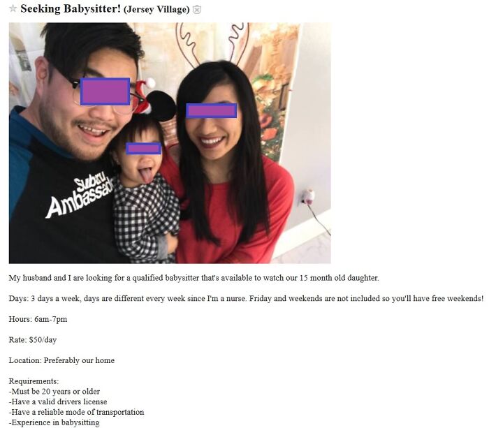 A parent's babysitting ad with a picture of a family and low pay for entitled parents.