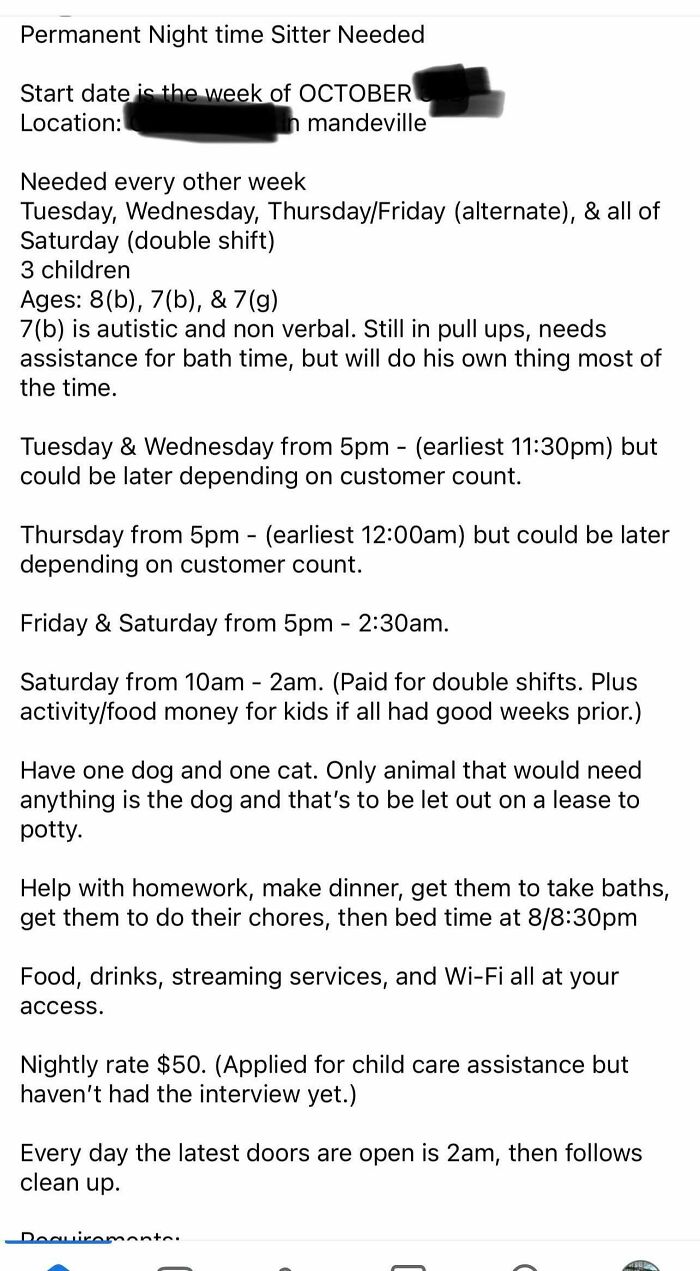 A detailed babysitting job description with duties, hours, and low pay for entitled parents.