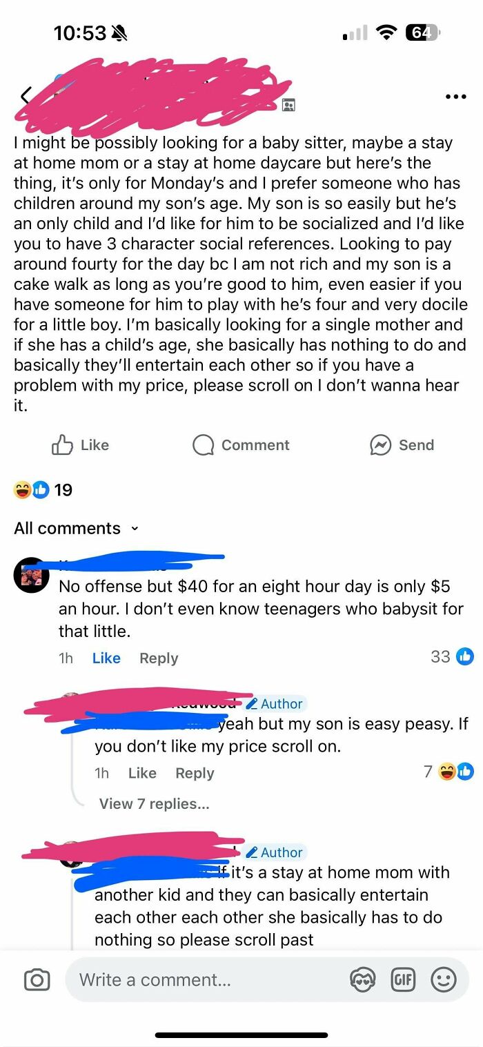 A social media post from delusional parents seeking a babysitter for their child, offering low pay with many critical comments.