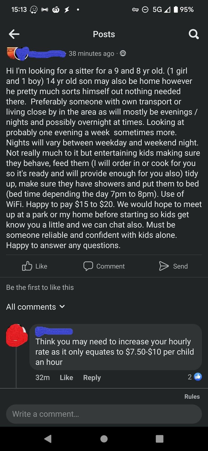 A social media post from entitled parents looking for a babysitter for two children, offering $15 to $20 for evenings/nights.