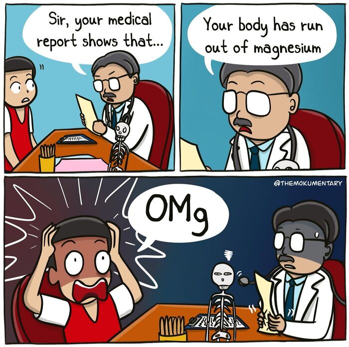 Mokumentary comic showing a doctor delivering a medical report, creating an awkward situation with a pun.