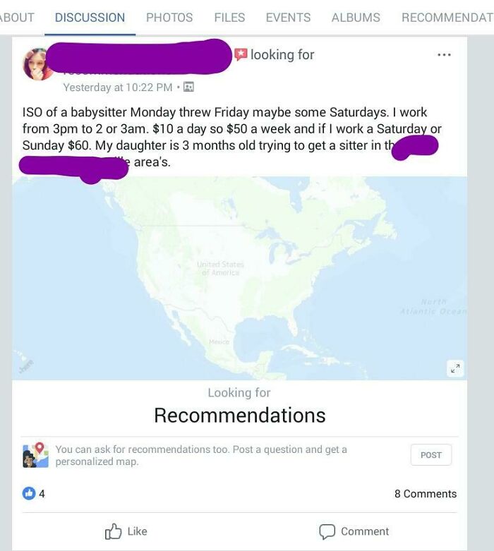 A social media post from delusional parents seeking a babysitter for a 3-month-old, offering $10/day or $50/week.