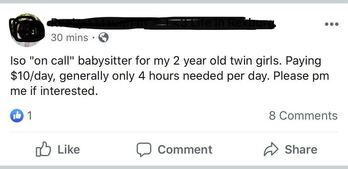 A social media post from entitled parents looking for a babysitter for twin girls, offering $10/day.