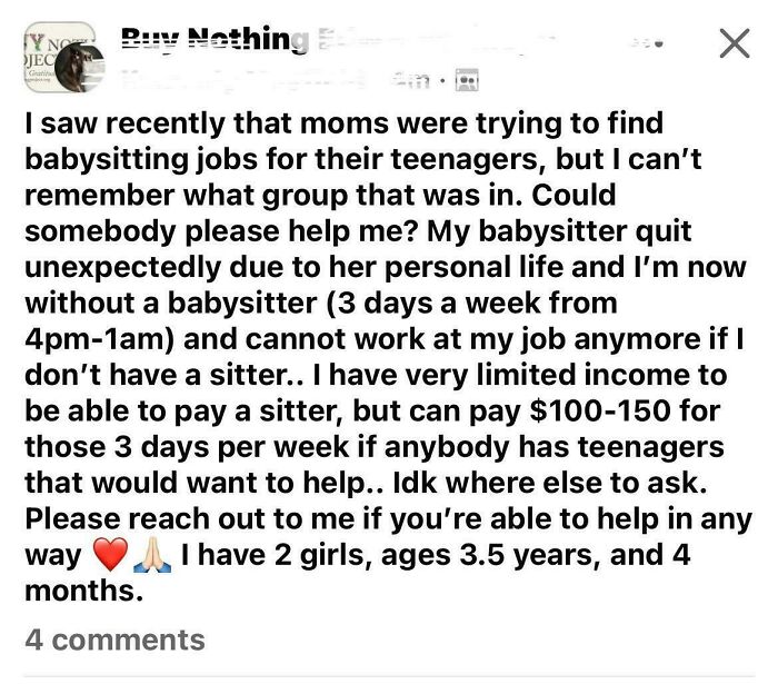 A Facebook post from a Buy Nothing group requesting a babysitter for two girls, revealing entitled parents.