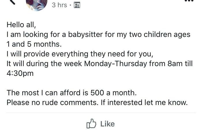 A social media post from delusional parents seeking a babysitter for two children, offering only $500 a month.