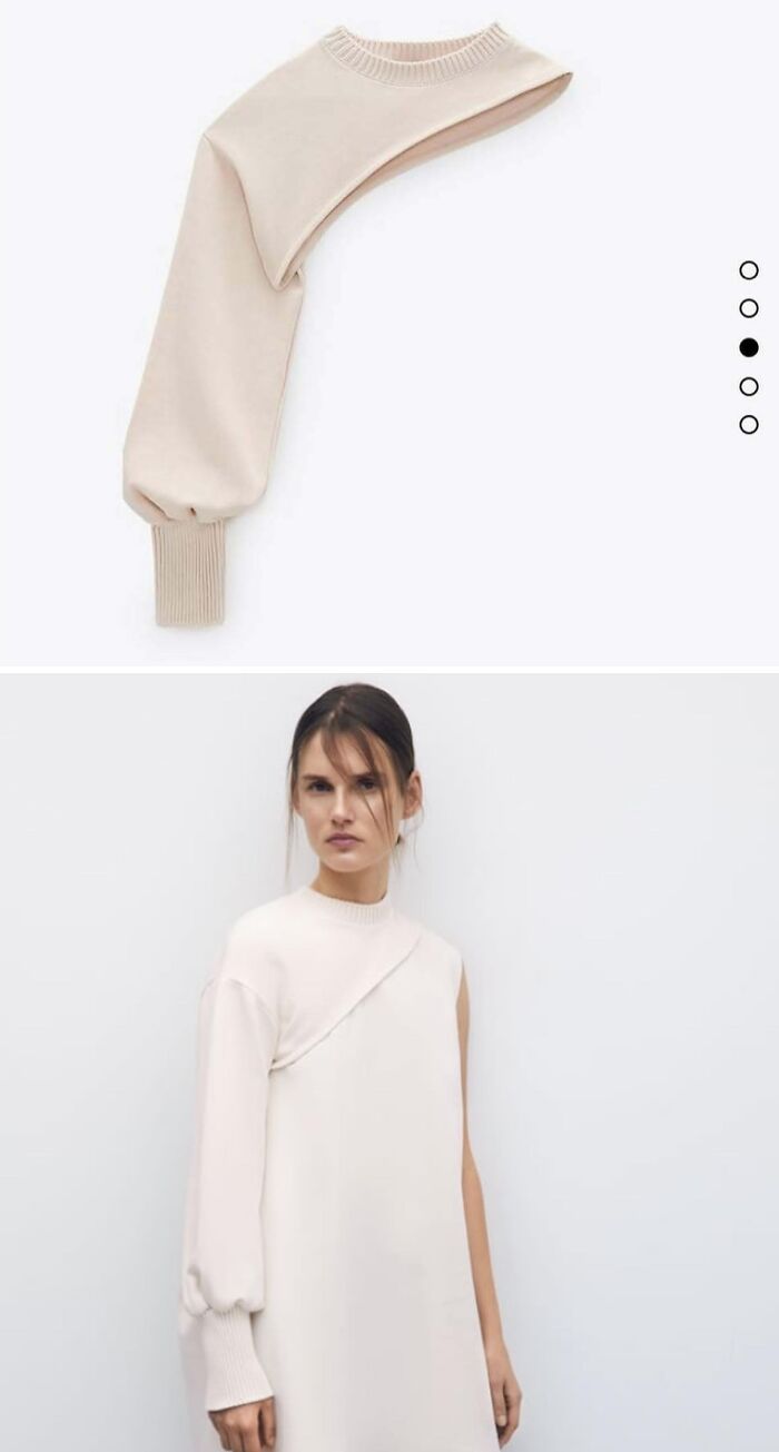 A woman models a bizarre one-sleeved sweater from the Zara website.