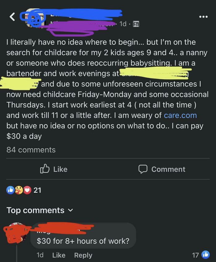 A social media post from entitled parents offering $30 a day for childcare, prompting critical comments.