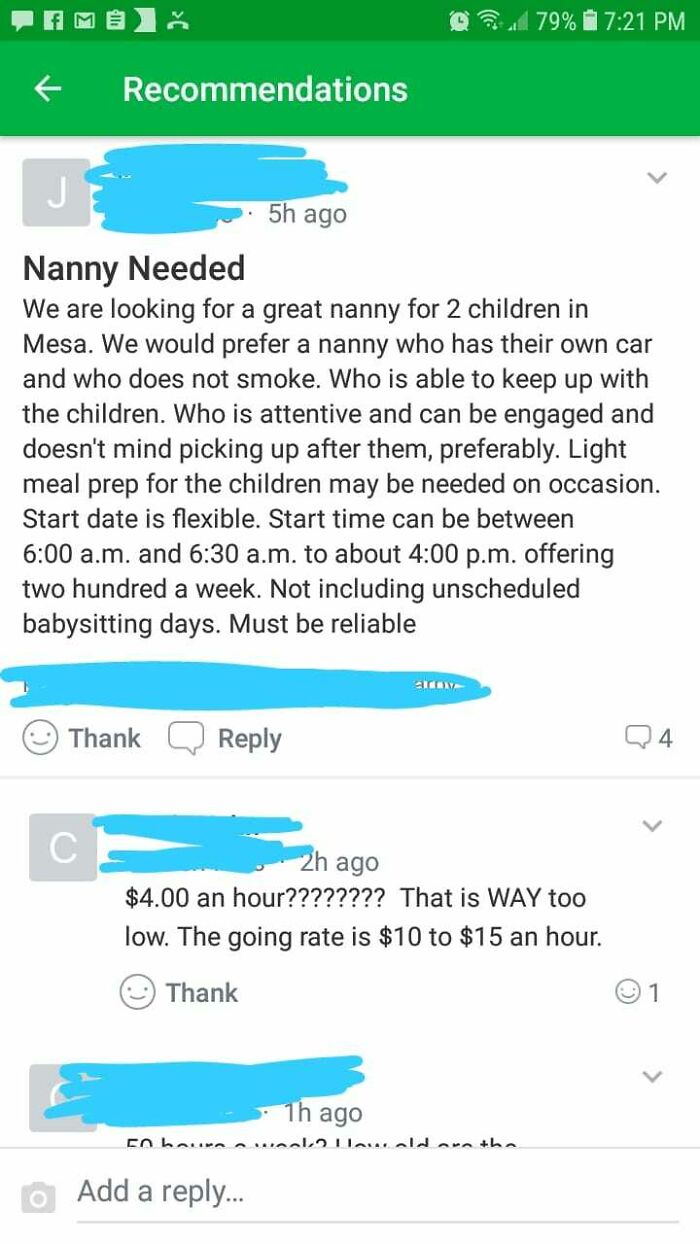 A post from delusional parents on a recommendations page seeking a nanny for two children, offering low pay.