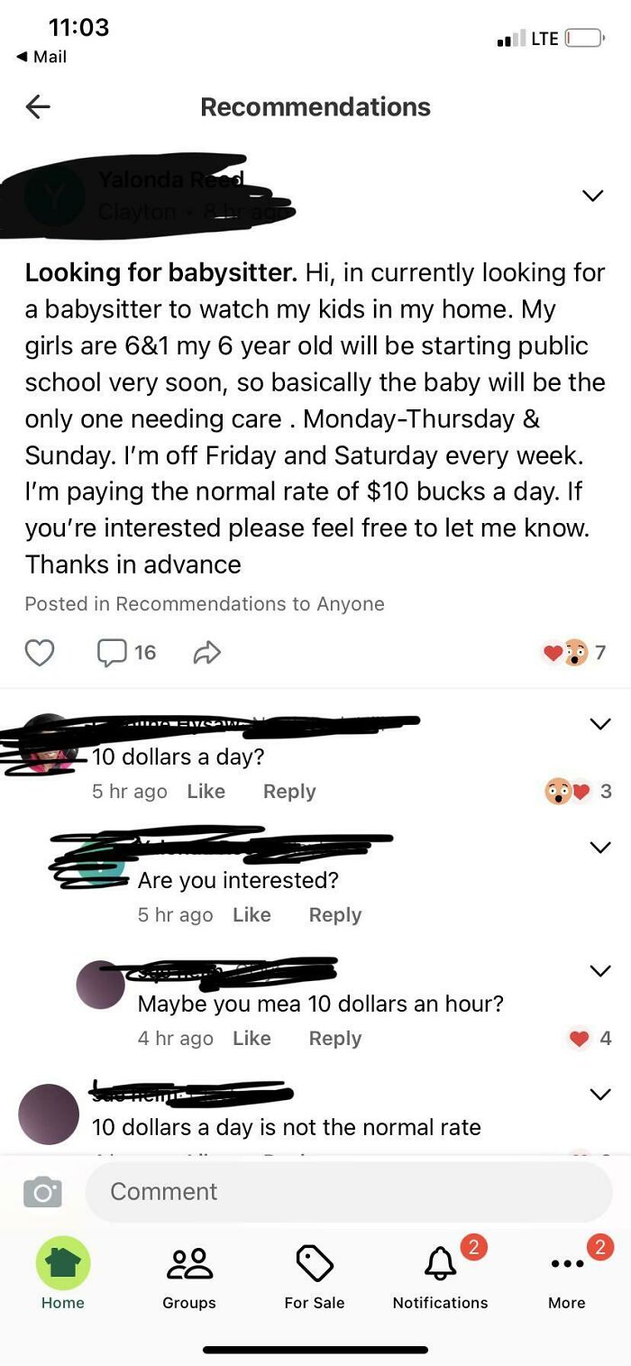 A social media post from entitled parents looking for a babysitter, offering $10 a day for childcare.
