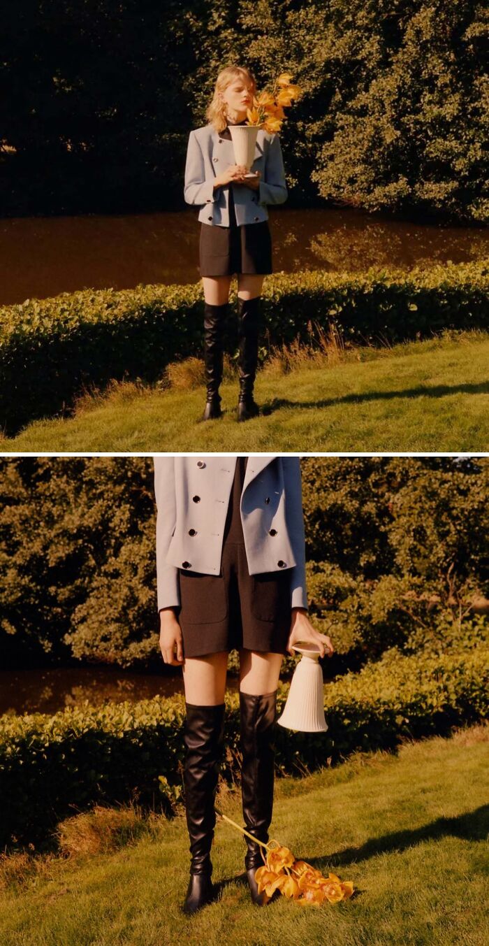 A woman holds a small plant and a white lamp in a field, showcasing bizarre content on the Zara website.