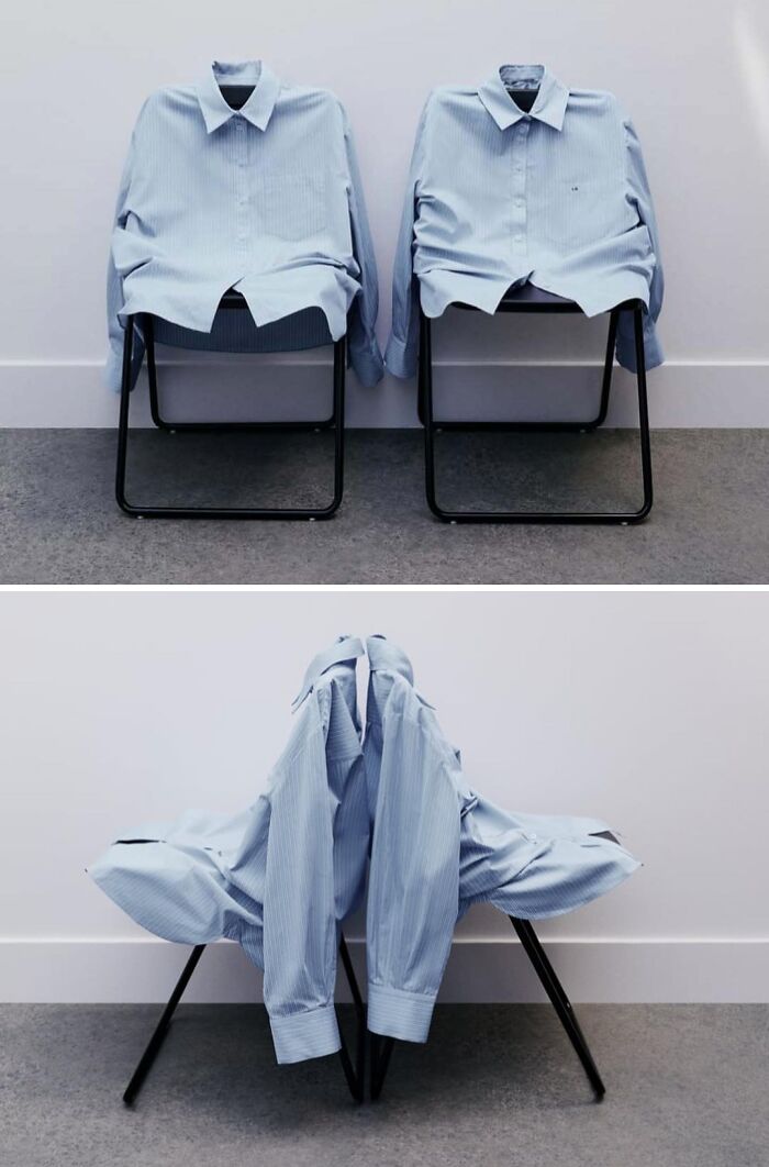 Two blue striped shirts draped over black chairs, demonstrating bizarre content featured on the Zara website.