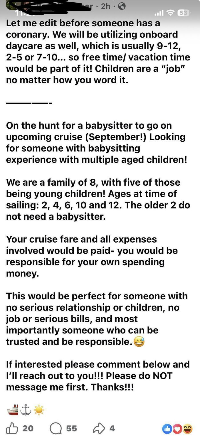 A lengthy Facebook post seeking a babysitter for a cruise with 5 young children, showcasing entitled parents.