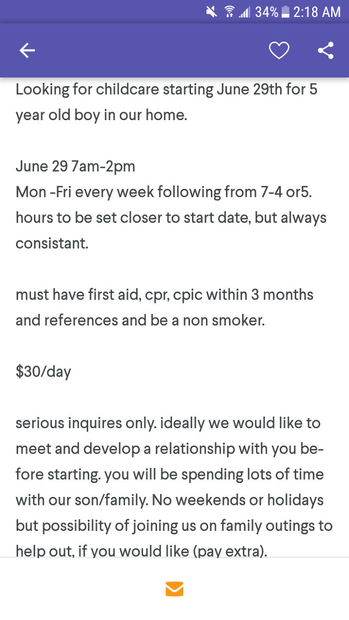 A mobile screenshot of a job post for childcare, offering 30/day, highlighting delusional parents.