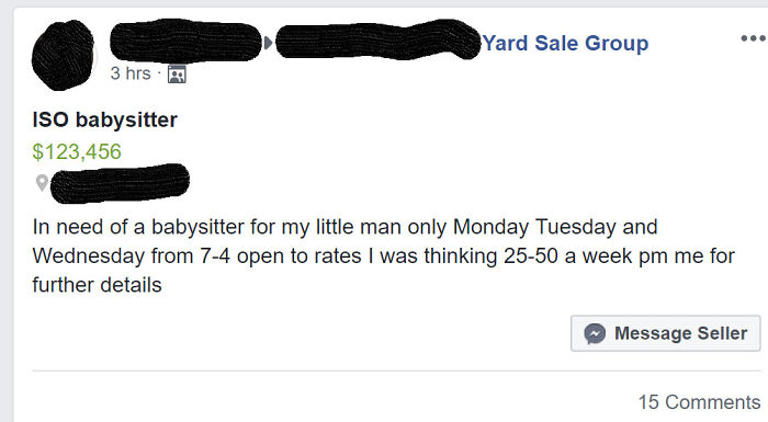 A Facebook post from a yard sale group seeking a babysitter for 25-50 a week, illustrating entitled parents.