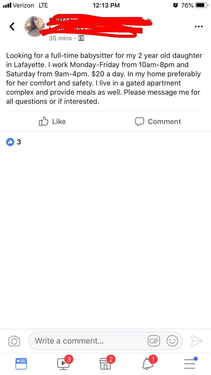 Entitled parents looking for full-time babysitting for their 2-year-old, offering $20 a day for extensive hours.