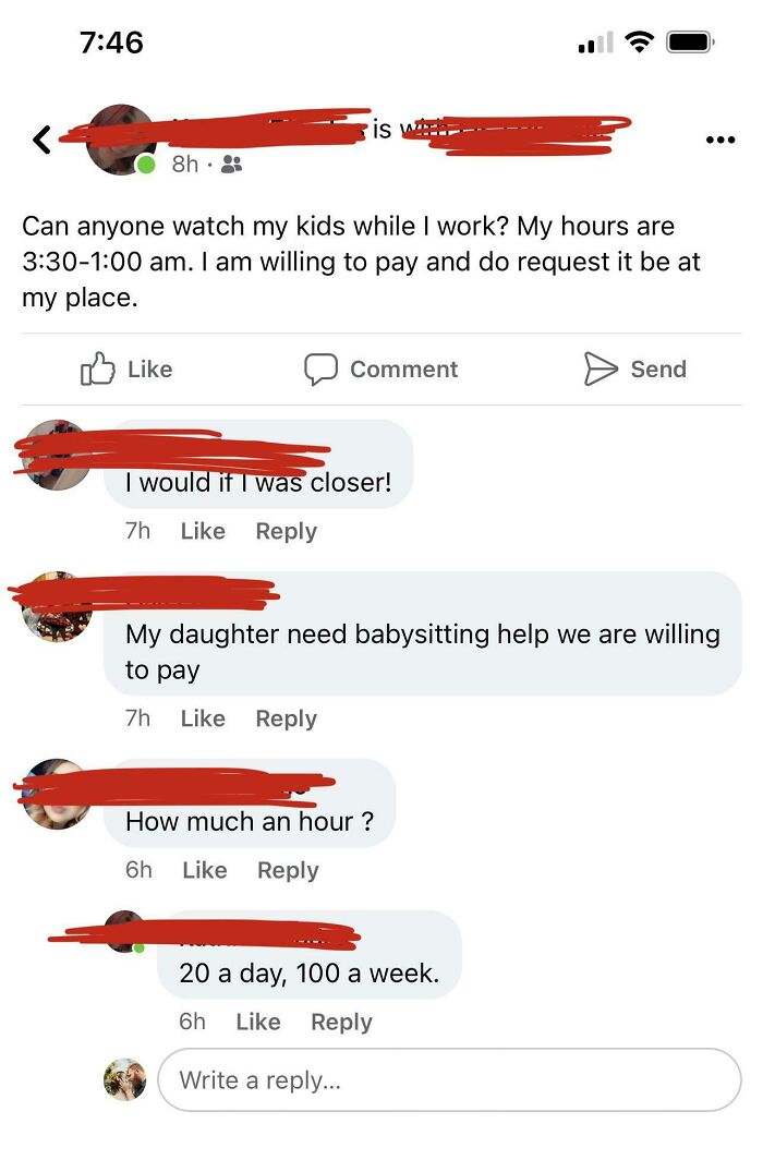 Entitled parents offering to pay for babysitting their kids from 3:30 PM to 1:00 AM, revealing low pay.